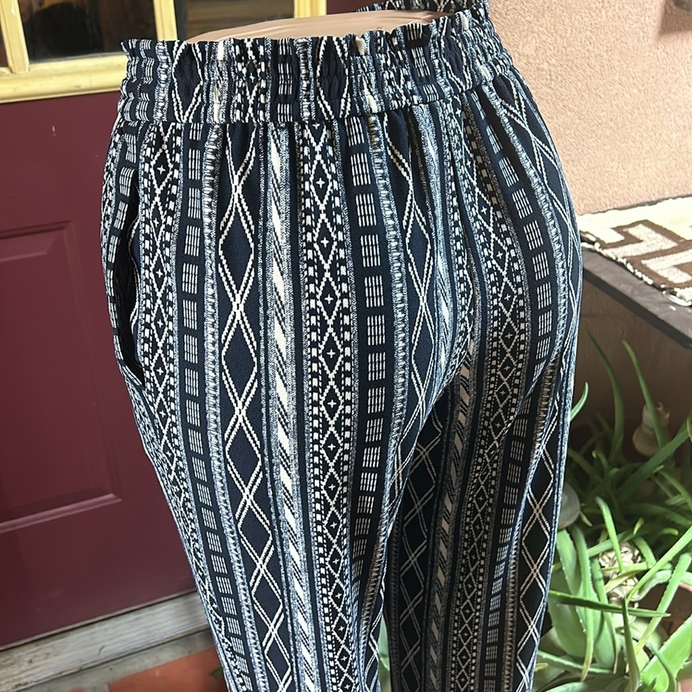 SOHO Wide Leg Trouser Drawstring Pants in Navy Blue and White Tribal Pattern - Picture 5 of 7